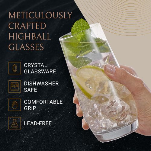  [아마존베스트]JoyJolt Gwen Highball Glasses Set of 4 Tall Drinking Glasses. 18oz Cocktail Glass Set. Lead-Free Crystal Glassware. Bourbon or Whiskey Glass Cup, Bar, Iced Tea, Water, Mojito and T