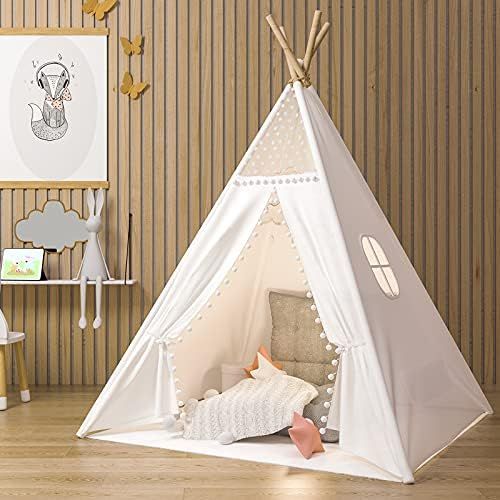  [아마존베스트]JoyNote Teepee Tent for Kids Indoor Tents with Mat, Inner Pocket, Unique Reinforcement Part - Foldable Play Tent Canvas Tipi Childrens Tents for Girls & Boys