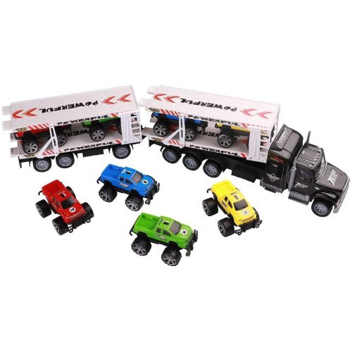  JoyABit Transporter Truck Toy Childrens Fiction Tow Truck Action Vehicle With Sound & Light - & 4 ATV Car Toys Included - No Batteries Required - Ideal Gift for Kids