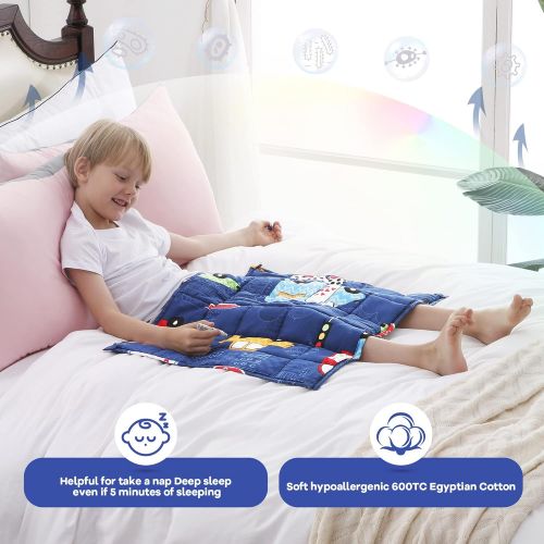  [아마존베스트]Joyching Weighted Lap Pad for Kids 20 x 30 inches, 3lbs 600TC Egyptian Cotton Weighted Blanket for Reading with Glass Beads Blue Car