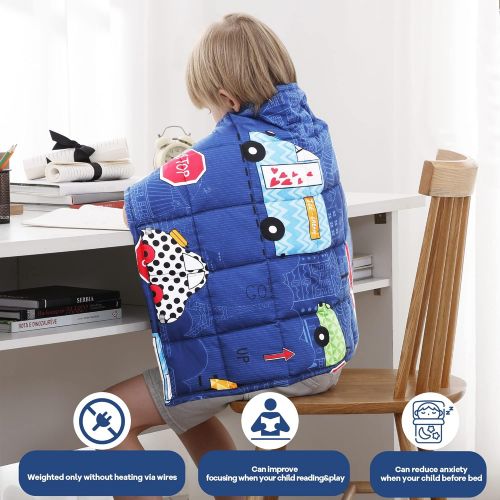  [아마존베스트]Joyching Weighted Lap Pad for Kids 20 x 30 inches, 3lbs 600TC Egyptian Cotton Weighted Blanket for Reading with Glass Beads Blue Car