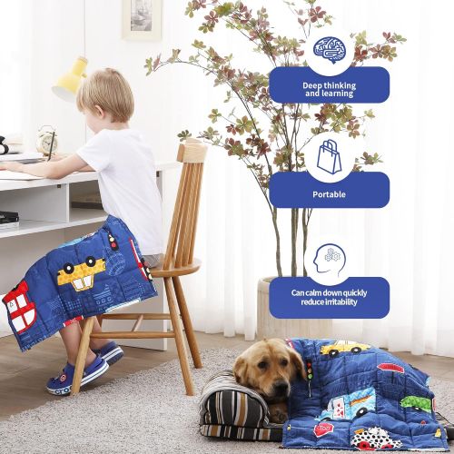  [아마존베스트]Joyching Weighted Lap Pad for Kids 20 x 30 inches, 3lbs 600TC Egyptian Cotton Weighted Blanket for Reading with Glass Beads Blue Car