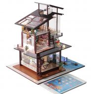 Joyibay DIY Dollhouse Kit Coastal Villa Doll House Miniature Furniture Kit with Light