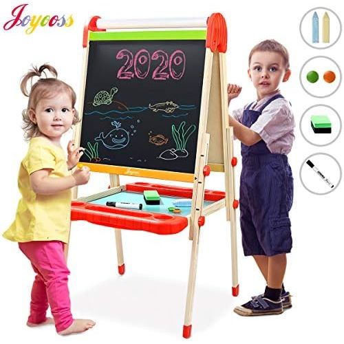  [아마존베스트]Joyooss Kids Wooden Easel with Paper Roll - Adjustable Height Magnetic Double Sided Kids Art Easel Whiteboard & Chalkboard Dry Easel Drawing Board for 2-8 Years Toddlers Children P