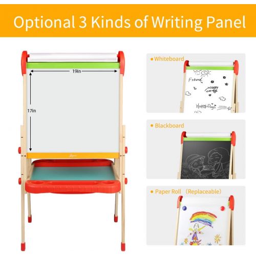  [아마존베스트]Joyooss Kids Wooden Easel with Paper Roll - Adjustable Height Magnetic Double Sided Kids Art Easel Whiteboard & Chalkboard Dry Easel Drawing Board for 2-8 Years Toddlers Children P