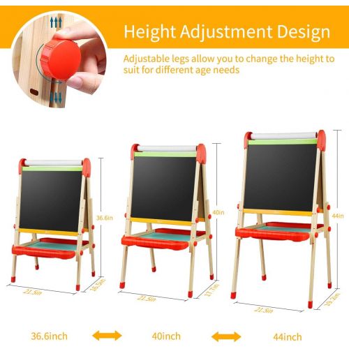  [아마존베스트]Joyooss Kids Wooden Easel with Paper Roll - Adjustable Height Magnetic Double Sided Kids Art Easel Whiteboard & Chalkboard Dry Easel Drawing Board for 2-8 Years Toddlers Children P