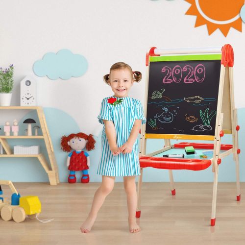  [아마존베스트]Joyooss Kids Wooden Easel with Paper Roll - Adjustable Height Magnetic Double Sided Kids Art Easel Whiteboard & Chalkboard Dry Easel Drawing Board for 2-8 Years Toddlers Children P