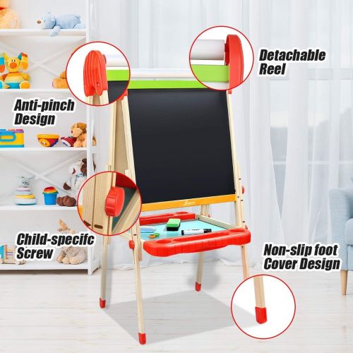  [아마존베스트]Joyooss Kids Wooden Easel with Paper Roll - Adjustable Height Magnetic Double Sided Kids Art Easel Whiteboard & Chalkboard Dry Easel Drawing Board for 2-8 Years Toddlers Children P