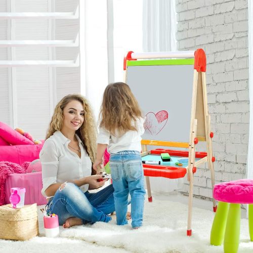  [아마존베스트]Joyooss Kids Wooden Easel with Paper Roll - Adjustable Height Magnetic Double Sided Kids Art Easel Whiteboard & Chalkboard Dry Easel Drawing Board for 2-8 Years Toddlers Children P