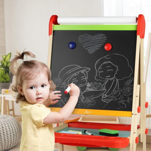  [아마존베스트]Joyooss Kids Wooden Easel with Paper Roll - Adjustable Height Magnetic Double Sided Kids Art Easel Whiteboard & Chalkboard Dry Easel Drawing Board for 2-8 Years Toddlers Children P