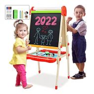 Joyooss Kids Wooden Art Easel with Paper Roll -Double Sided Whiteboard & Chalkboard Children Easel -Adjustable Height Magnetic Dry Easel Drawing Easel Board with Bonus Kids Art Sup