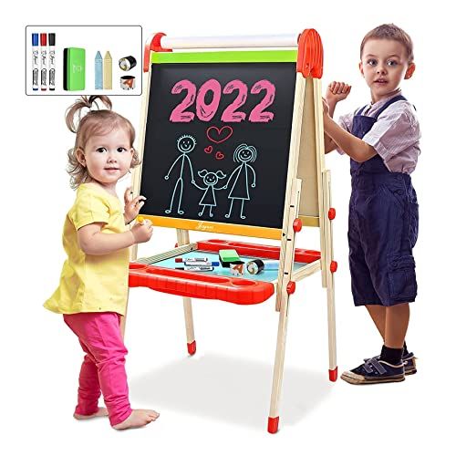  Joyooss Kids Wooden Art Easel with Paper Roll -Double Sided Whiteboard & Chalkboard Children Easel -Adjustable Height Magnetic Dry Easel Drawing Easel Board with Bonus Kids Art Sup