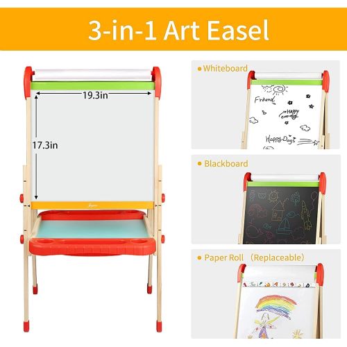  Joyooss Kids Wooden Art Easel with Paper Roll -Double Sided Whiteboard & Chalkboard Children Easel -Adjustable Height Magnetic Dry Easel Drawing Easel Board with Bonus Kids Art Sup