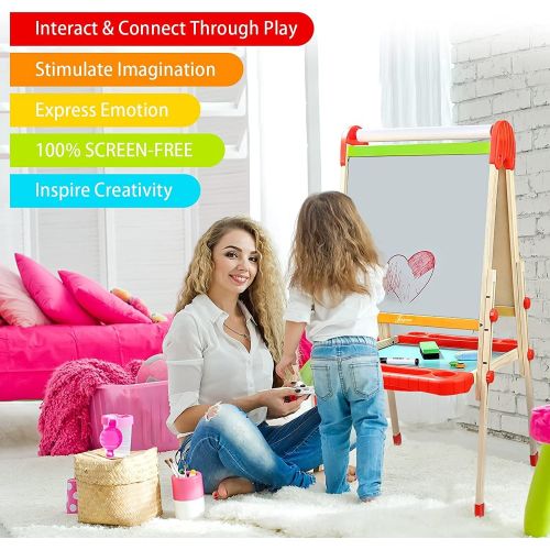  Joyooss Kids Wooden Art Easel with Paper Roll -Double Sided Whiteboard & Chalkboard Children Easel -Adjustable Height Magnetic Dry Easel Drawing Easel Board with Bonus Kids Art Sup