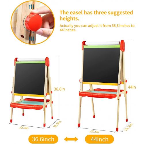  Joyooss Kids Wooden Art Easel with Paper Roll -Double Sided Whiteboard & Chalkboard Children Easel -Adjustable Height Magnetic Dry Easel Drawing Easel Board with Bonus Kids Art Sup