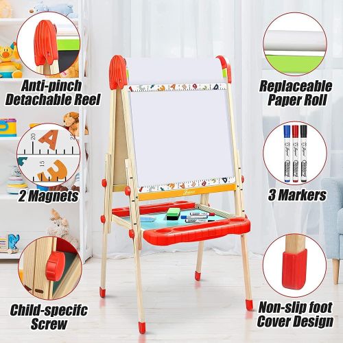  Joyooss Kids Wooden Art Easel with Paper Roll -Double Sided Whiteboard & Chalkboard Children Easel -Adjustable Height Magnetic Dry Easel Drawing Easel Board with Bonus Kids Art Sup