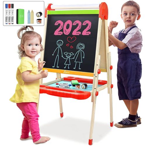  Joyooss Kids Wooden Art Easel with Paper Roll -Double Sided Whiteboard & Chalkboard Children Easel -Adjustable Height Magnetic Dry Easel Drawing Easel Board with Bonus Kids Art Sup