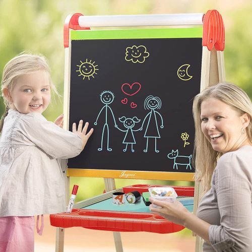  Joyooss Kids Wooden Art Easel with Paper Roll -Double Sided Whiteboard & Chalkboard Children Easel -Adjustable Height Magnetic Dry Easel Drawing Easel Board with Bonus Kids Art Sup