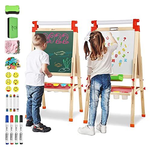  [아마존베스트]Joyooss Kids Wooden Easel with Extra Letters and Numbers Magnets, Adjustable Double Sided Drawing Board Whiteboard & Chalkboard Dry Easel Board, Children Art Easel for Boys Girls P