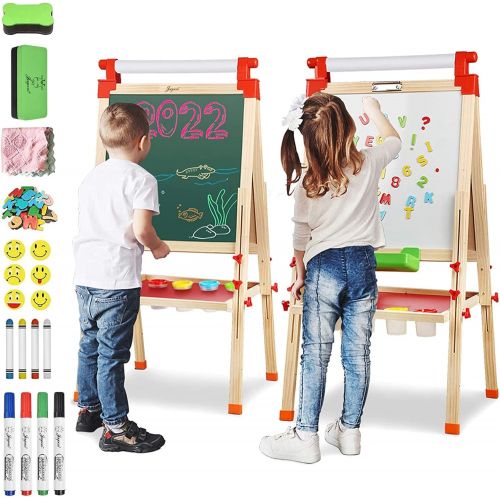  [아마존베스트]Joyooss Kids Wooden Easel with Extra Letters and Numbers Magnets, Adjustable Double Sided Drawing Board Whiteboard & Chalkboard Dry Easel Board, Children Art Easel for Boys Girls P