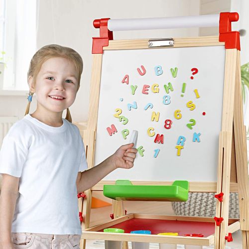  [아마존베스트]Joyooss Kids Wooden Easel with Extra Letters and Numbers Magnets, Adjustable Double Sided Drawing Board Whiteboard & Chalkboard Dry Easel Board, Children Art Easel for Boys Girls P