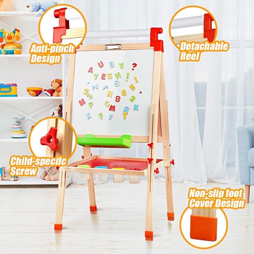  [아마존베스트]Joyooss Kids Wooden Easel with Extra Letters and Numbers Magnets, Adjustable Double Sided Drawing Board Whiteboard & Chalkboard Dry Easel Board, Children Art Easel for Boys Girls P