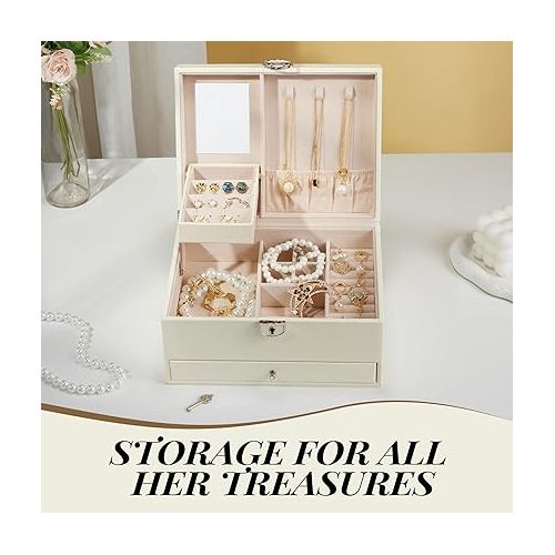  PU Leather Jewelry Organizer Box For Girls and Women, 2 Layer Jewelry Organizer With Mirror, Multi-Function Storage Box With Lock,Gift for Valentine's Day, Birthday, Mother's Day