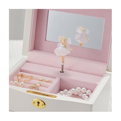  Ballerina Musical Jewelry Box with Mirror for girls，Kid's Jewelry Storage Music Chest (White-L)