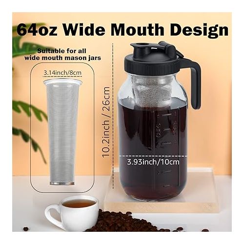  Cold Brew Mason Coffee Maker - 64oz Iced Coffee Pitcher with Stainless Steel Mixing Spoon & Super Dense Filter 3 Steps Finish Cold Brew Coffee, Classic BPA Free Sturdy Mason jar Pitcher Easy to Clean