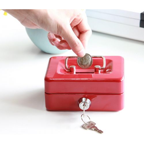  [아마존베스트]Small Cash Box with Lock and Slot - Jssmst Metal Coin Bank Piggy Bank for Adults and Kids, Red(SMCB0303N)