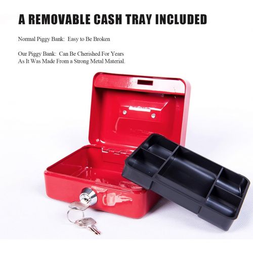  [아마존베스트]Small Cash Box with Lock and Slot - Jssmst Metal Coin Bank Piggy Bank for Adults and Kids, Red(SMCB0303N)