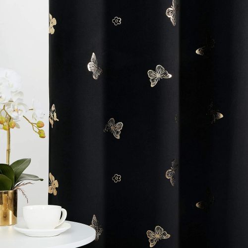  [아마존베스트]Jubilantex Butterfly 100% Blackout Black and Gold Kids Curtains for Bedroom, Nursery, Room Darkening Baby Boy Patterned Drapes 63 Inch Length 2 Panels Grommet Top Window Treatment