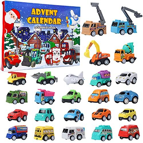  Juegoal Cars Advent Calendar 2021 for Kids, Stocking Stuffer Toy Cars with 24 Different Pull Back Vehicles Including Construction Vehicles, Race Cars, Perfect for Boys and Girls