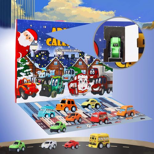  Juegoal Cars Advent Calendar 2021 for Kids, Stocking Stuffer Toy Cars with 24 Different Pull Back Vehicles Including Construction Vehicles, Race Cars, Perfect for Boys and Girls