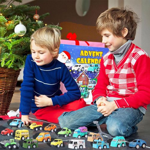  Juegoal Cars Advent Calendar 2021 for Kids, Stocking Stuffer Toy Cars with 24 Different Pull Back Vehicles Including Construction Vehicles, Race Cars, Perfect for Boys and Girls