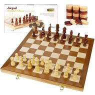 [아마존베스트]Juegoal 15 Wooden Chess & Checkers Set, 2 in 1 Board Games for Kids and Adults, with Felted Game Board Interior for Storage, Travel Portable Folding Chess Game Sets, Extra 24 Woode