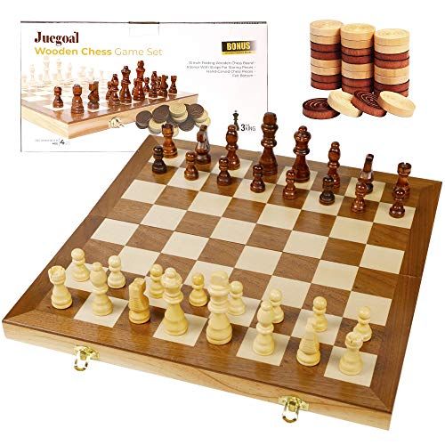  [아마존베스트]Juegoal 15 Wooden Chess & Checkers Set, 2 in 1 Board Games for Kids and Adults, with Felted Game Board Interior for Storage, Travel Portable Folding Chess Game Sets, Extra 24 Woode