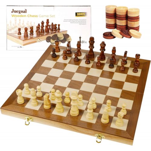  [아마존베스트]Juegoal 15 Wooden Chess & Checkers Set, 2 in 1 Board Games for Kids and Adults, with Felted Game Board Interior for Storage, Travel Portable Folding Chess Game Sets, Extra 24 Woode