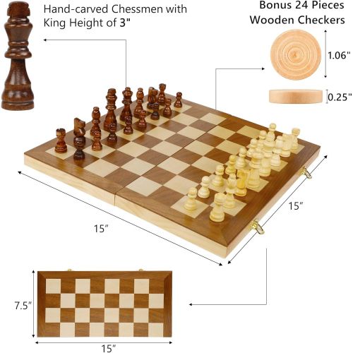  [아마존베스트]Juegoal 15 Wooden Chess & Checkers Set, 2 in 1 Board Games for Kids and Adults, with Felted Game Board Interior for Storage, Travel Portable Folding Chess Game Sets, Extra 24 Woode