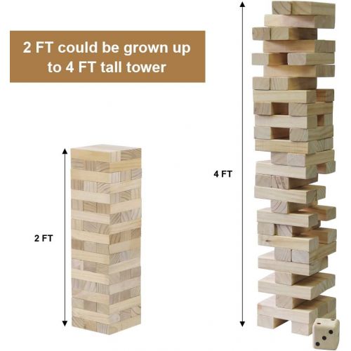  [아마존베스트]Juegoal 54 Pieces Giant Tumble Tower Blocks Game Giant Wood Stacking Game with 1 Dice Set Canvas Bag for Adult, Kids, Family