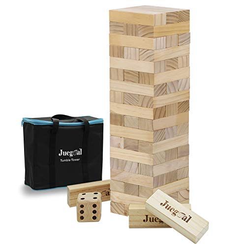  Juegoal 54 Pieces Giant Tumble Tower Blocks Game Giant Wood Stacking Game with 1 Dice Set Canvas Bag for Adult, Kids, Family