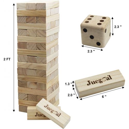  Juegoal 54 Pieces Giant Tumble Tower Blocks Game Giant Wood Stacking Game with 1 Dice Set Canvas Bag for Adult, Kids, Family