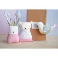Jumatamade Fabric baby toys set, rabbit cat bird stuffed, pink blush green toys, nursery decor, first Easter gift, new baby shower present