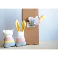 /Etsy Pastel fabric toddler toys, stuffed cat doll, bunny rabbit toy, hanging bird, gift for new mom, animal toys, new baby birthday gift