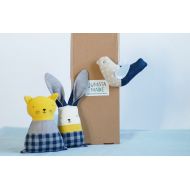Jumatamade Stuffed baby boy toys set, fabric rabbit cat bird, blue mustard toys