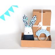 Jumatamade Blue baby boy toys set, bunny teething ring set, gift set for new mom, Montessori Baby Toys, first birthday gift, baby shower gift idea