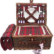 Jumbl Classic Red Plaid 4 Person Willow Weave Picnic Basket Set - Includes Insulated Cooler, Picnic Blanket with Ceramic and Stainless Steel Flatware