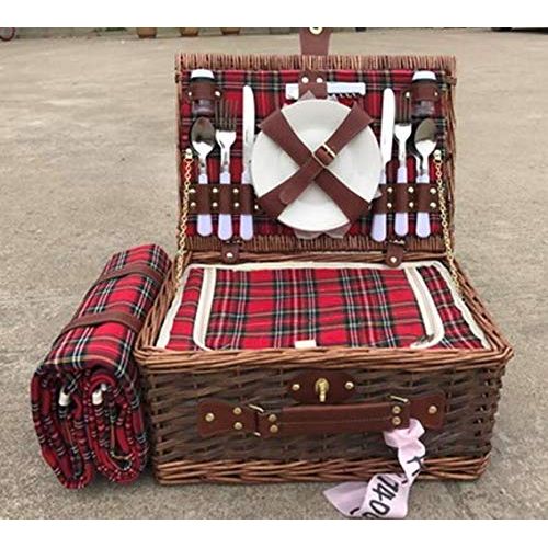  Jumbl Classic Red Plaid 4 Person Willow Weave Picnic Basket Set - Includes Insulated Cooler, Picnic Blanket with Ceramic and Stainless Steel Flatware