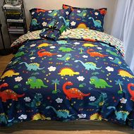 Jumeey Dinosaur Duvet Cover Sets Queen Colorful Bedding Sets Full Size Teen Girls Boys Dark Blue Cartoon Comforter Set 100% Cotton 3 Piece-1 Duvet Cover with Zipper Closure,2 Envel