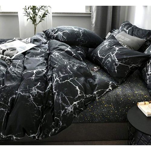  Jumeey Moroccan Bedding Sets Full Size Black with White Gray Marble Abstract Print Duvet Cover Set Queen Modern Design for Kids and Adult Ultra Soft Microfiber 3 Piece,No Comforter